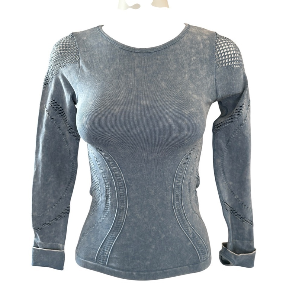 Denim blue distressed look stretch top with cutouts/mesh size M